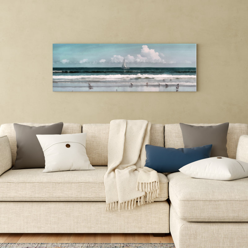 Voilier, scène de plage - impression panoramique sur toile, H 12 po x l 36 po, Toile tendue