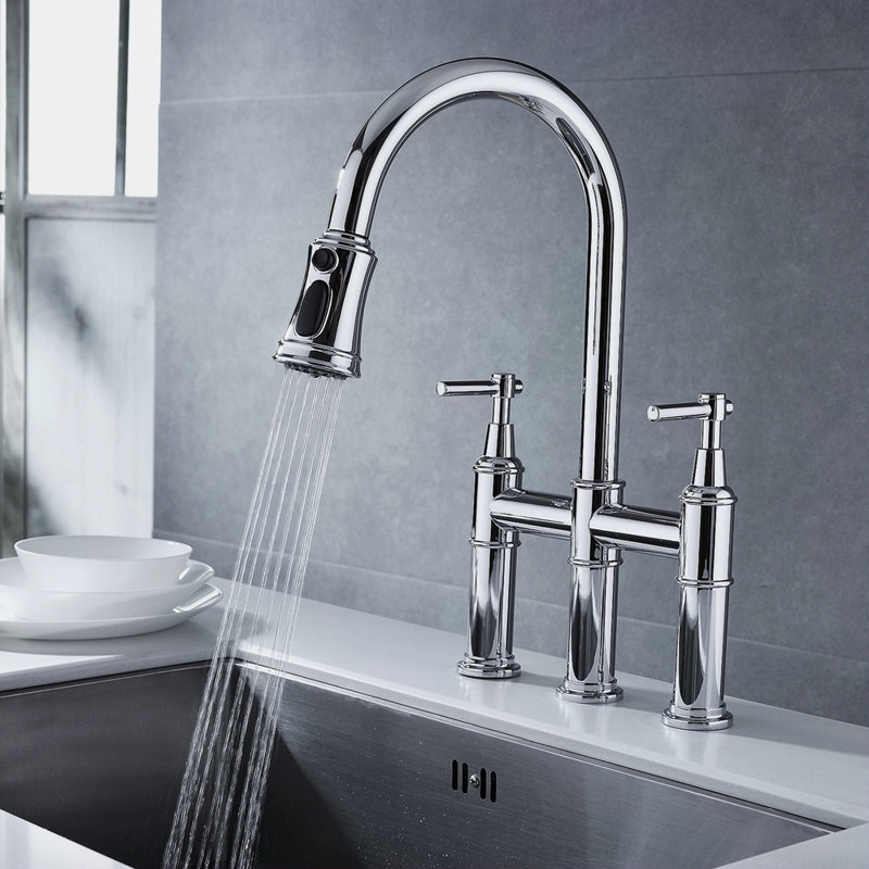 Bridge Kitchen Faucet With Pull-Down Sprayhead In Spot, Chrome