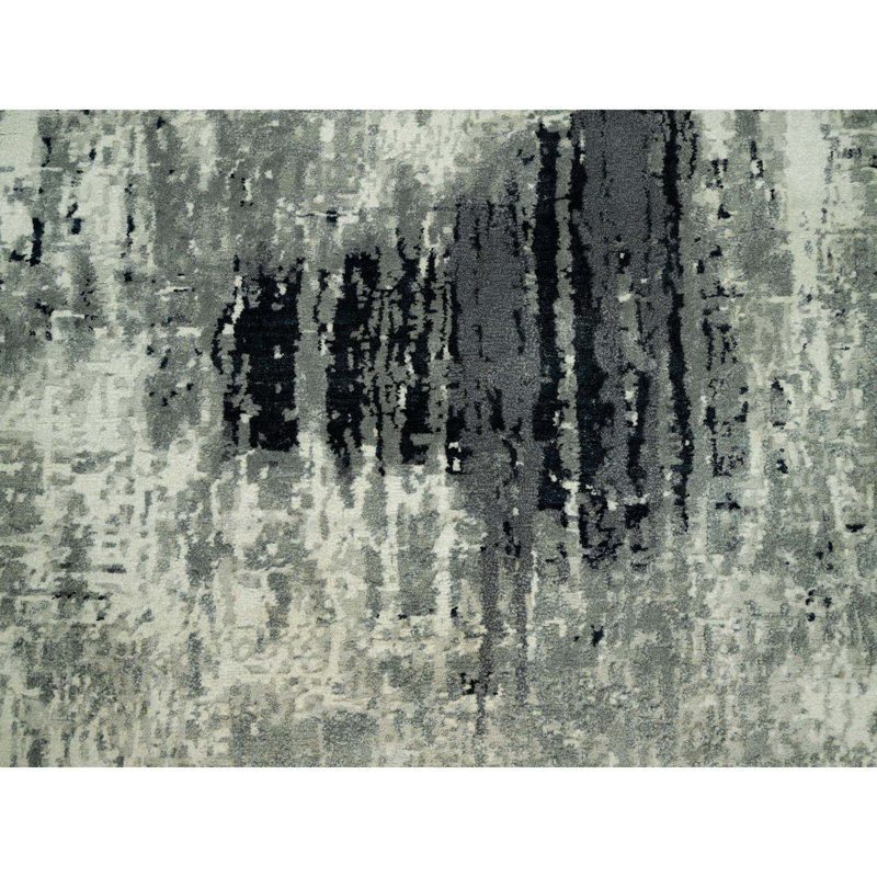 8'x8' Ebony Black Abstract Design Wool and Silk Hand Knotted Round Rug