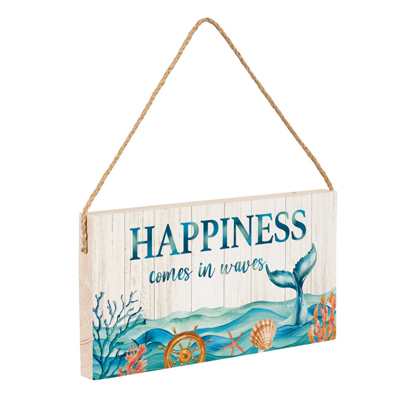 Blue Coastal Garden Decor, Hanging Sign, Happiness, 11" L x 6" H