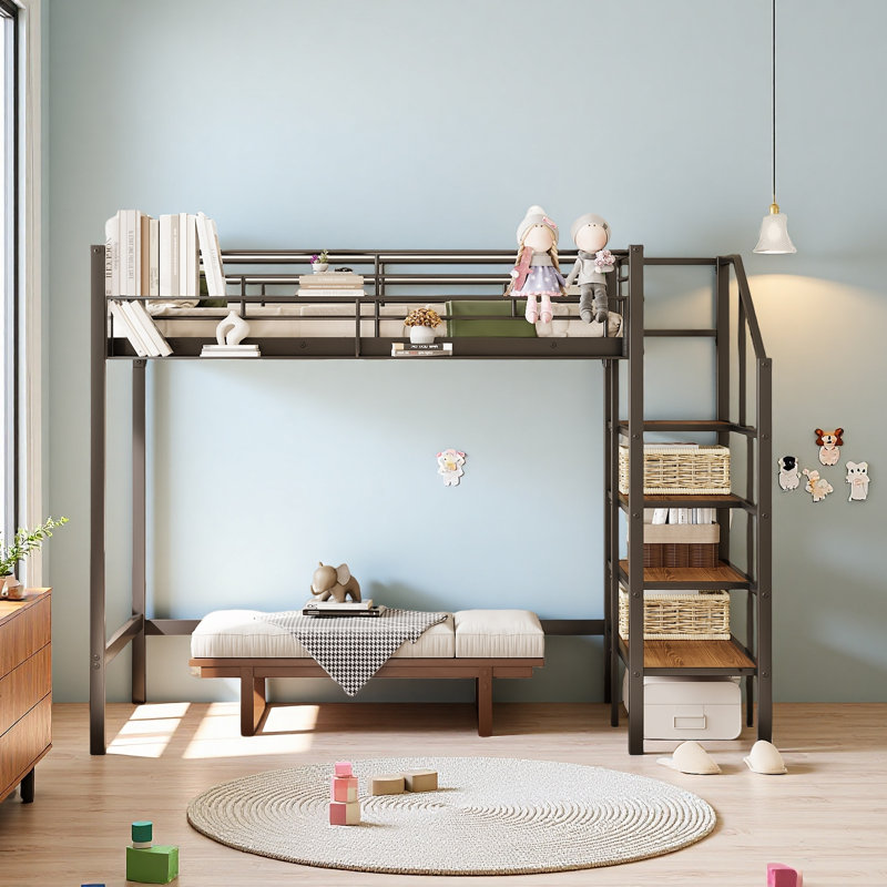 Lit mezzanine en métal avec tablette de rangement supérieure et échelle de rangement latérale, Noir, noir, noir, noir