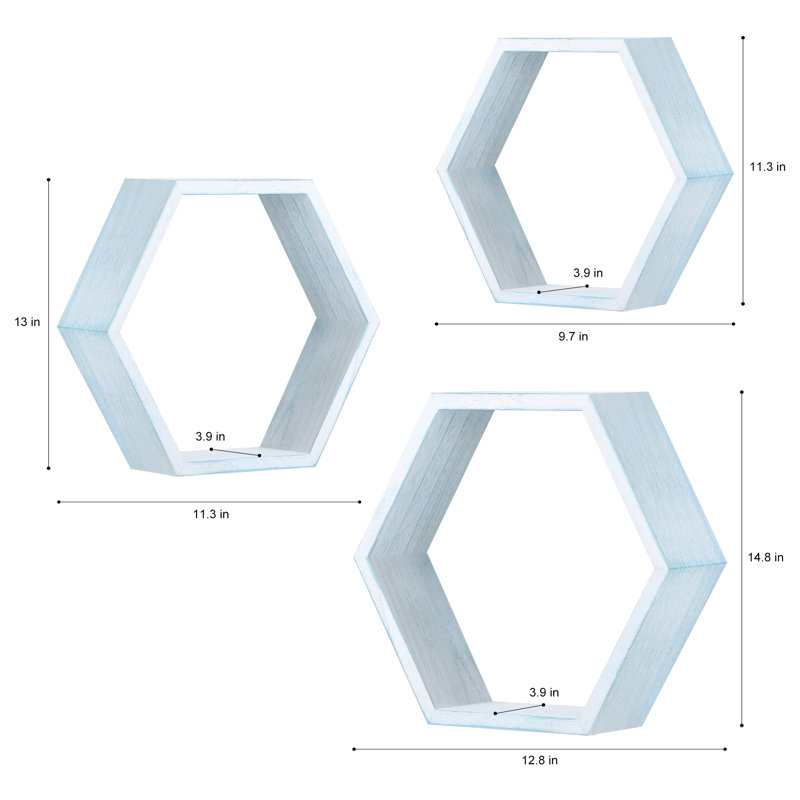 Arlea 3 Piece Hexagon Floating Shelf, Blue