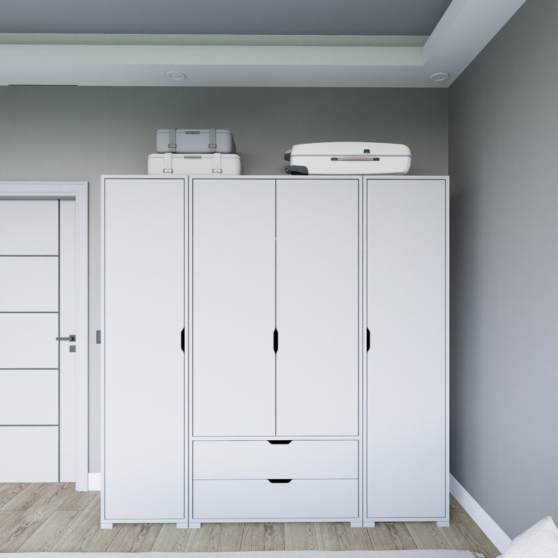 Modern White Wardrobe with Numerous Shelves, 67.0 x 72.0 x 17.7 inches | 100% Melamine Coated Particle Board, Thickness: 0.7 inches | Wall-Mountable, Scandinavian Design for Stylish Storage & Organization