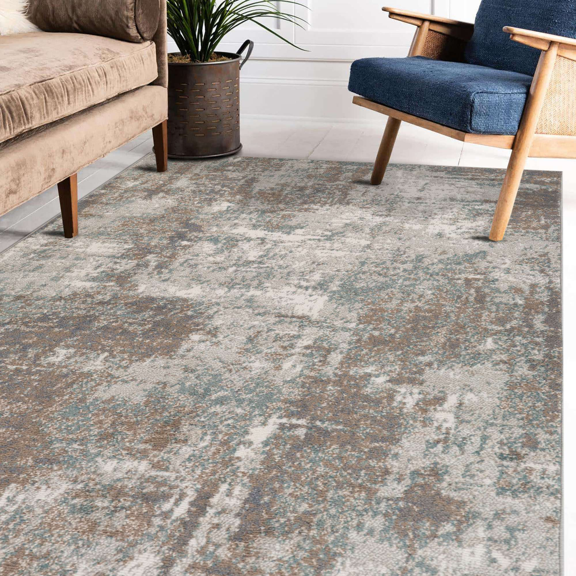 Nemohan Transitional Abstract Durable Performance Taupe/Sea Blue Area Rug