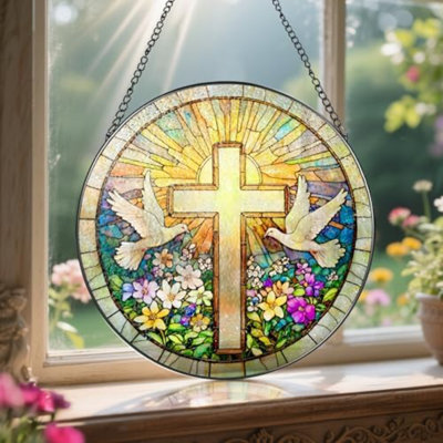 Cross And Wildflowers Stained Glass Suncatcher, 8 Inch Christian Stained Glass Windows Hanging, Flower Cross Gift For Religious, Christian Gifts, Easter Faith Home Décor