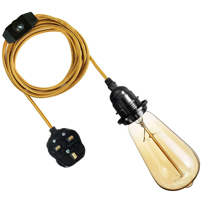 Antonina Ceiling Pendant Fitting, E27 Lamp Holder 2M Plug In Pendant Light Cord, Fabric Cable 3 Pin Plug In With On/Off Switch Lighting Kit