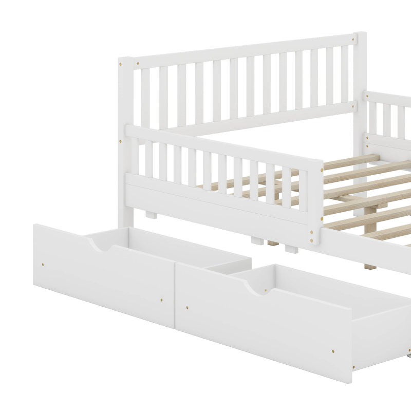  Lit plateforme en bois avec garde-corps et 2 tiroirs, Lit double, Blanc