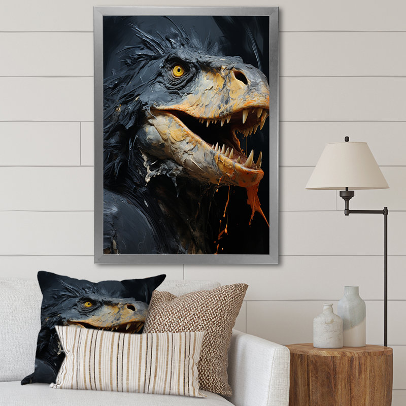 Raptor Dinosaur - Art mural dinosaure, Cadre simple argenté, H 44 po x l 34 po x P 1,5 po