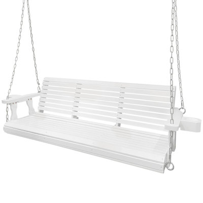 5 FT Wooden Porch Swing 3-Seater with Cupholders for Outdoor Patio Garden Yard