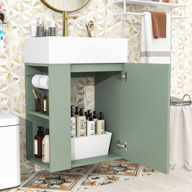Meuble-lavabo compact moderne de 20 pouces avec tablettes de rangement latérales, Vert
