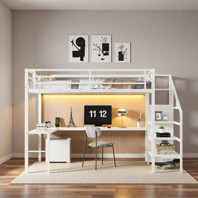 Loft Bed with L-shaped Desk and USB, Metal Loft Bed with Wardrobe and Adjustable Shelf, High Loft Bed with LED for Kids Teens Adults