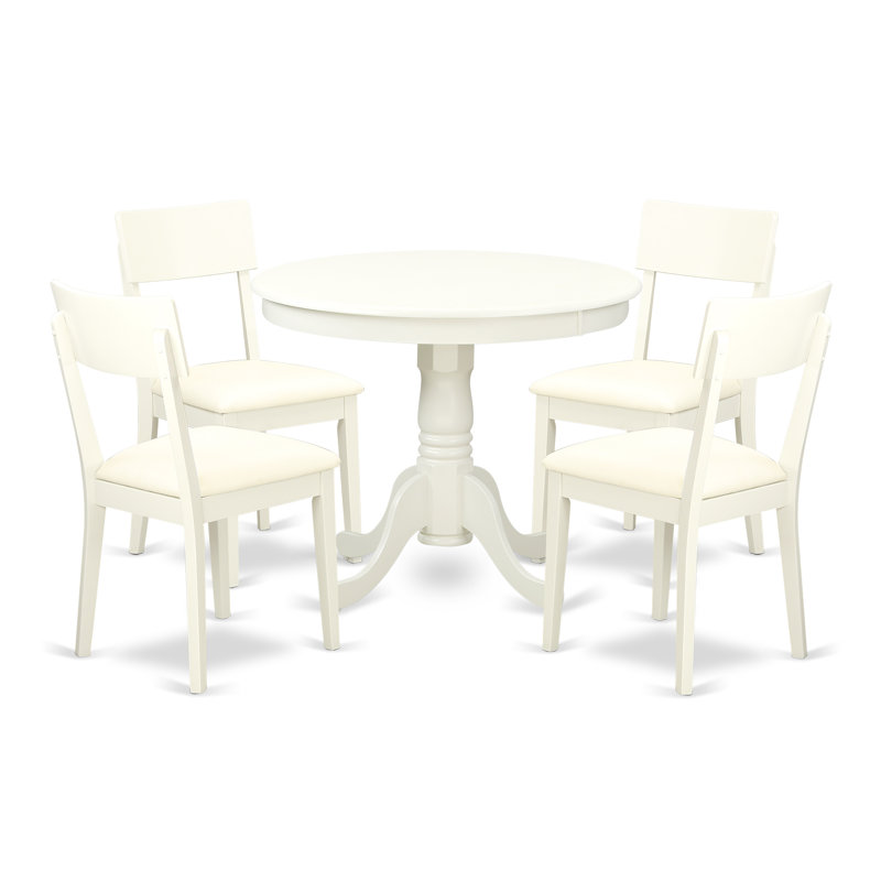 5 Piece Dining Table Set Includes a Round Kitchen Table with Pedestal and 4 Faux Leather Dining Room Chairs, Linen White