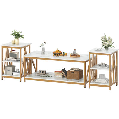 Mercer41 Living Room Coffee Table Set of 3, Industrial Triangular-Design Coffee Table and 2 End Side Tables, 3 Piece Living Room Table Set with Large by Mercer41