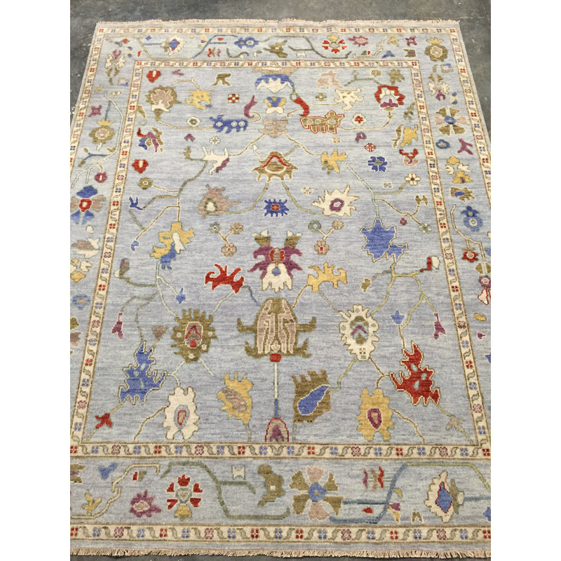 Tapis gris / bleu en laine noué à la main, Rectangle de 10 pi x 14 pi