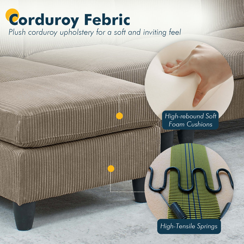 Canapé modulaire en velours côtelé avec repose-pieds 3 places Corduroy, Chameau
