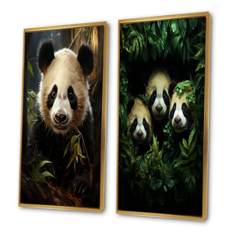 Ensemble de 2 reproductions d'art mural Pandas Play III - Panda, Cadre flottant doré, H 28 po x l 25 po