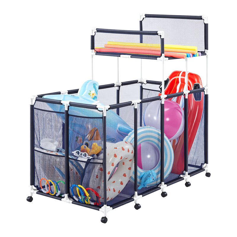 Pool Storage Bin, 64.96 x 33.46 x 64.96 in, Rolling Pool Float Storage Organizer with Side Pockets & Noodles Holder Rack, Durable Plastic Frame, Poolside Toys Mesh Basket for Swimming Pools