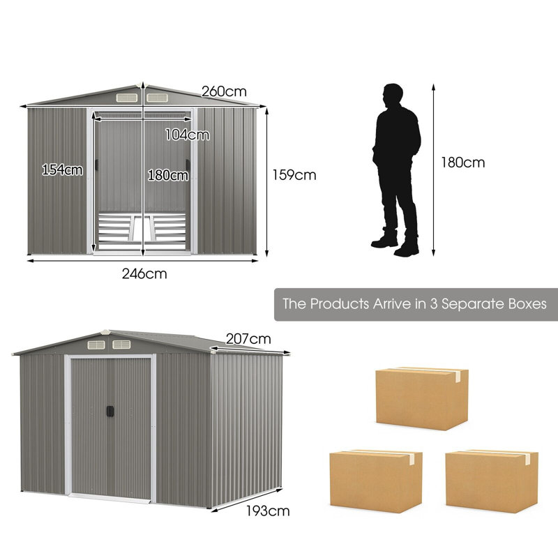 8 X 6FT Outdoor Storage Shed W/Lockable Sliding Door Galvanized Steel Shed