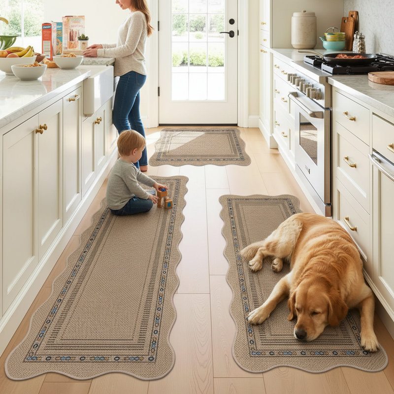 Non-Slip Scalloped Kitchen Rug Set 3 PCS, Washable Low-Profile Jute Mats