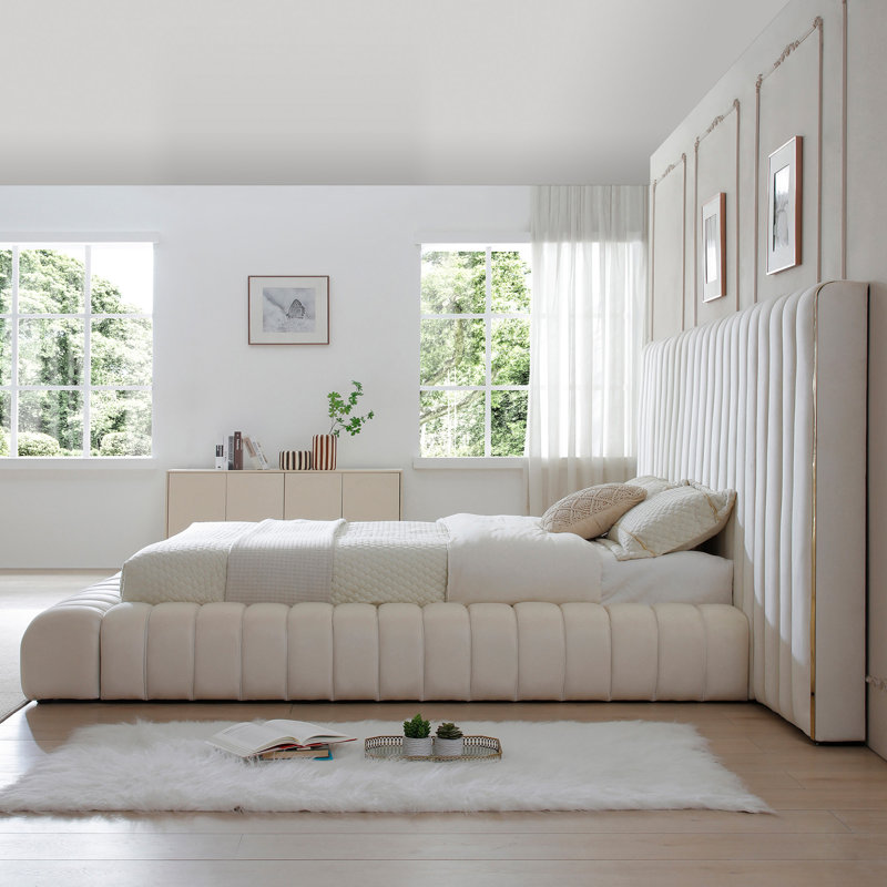Lit plateforme tapissier Avalon, Crème, Très grand
