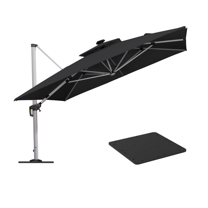 Parasol carré de luxe à énergie solaire 11 pi à DEL 11 pi avec base en tôle d'acier, Noir