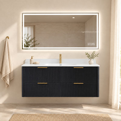 Ensemble meuble-lavabo suspendu noir de 122 cm avec lavabo intégré et miroir de courtoisie à DEL de 122 x 61 cm
