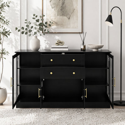 58.3" Modern Buffet Sideboard with 4 Doors & 2 Drawers, Adjustable Shelves, Power Outlet, Acrylic Panels, Aluminum Alloy Handles
