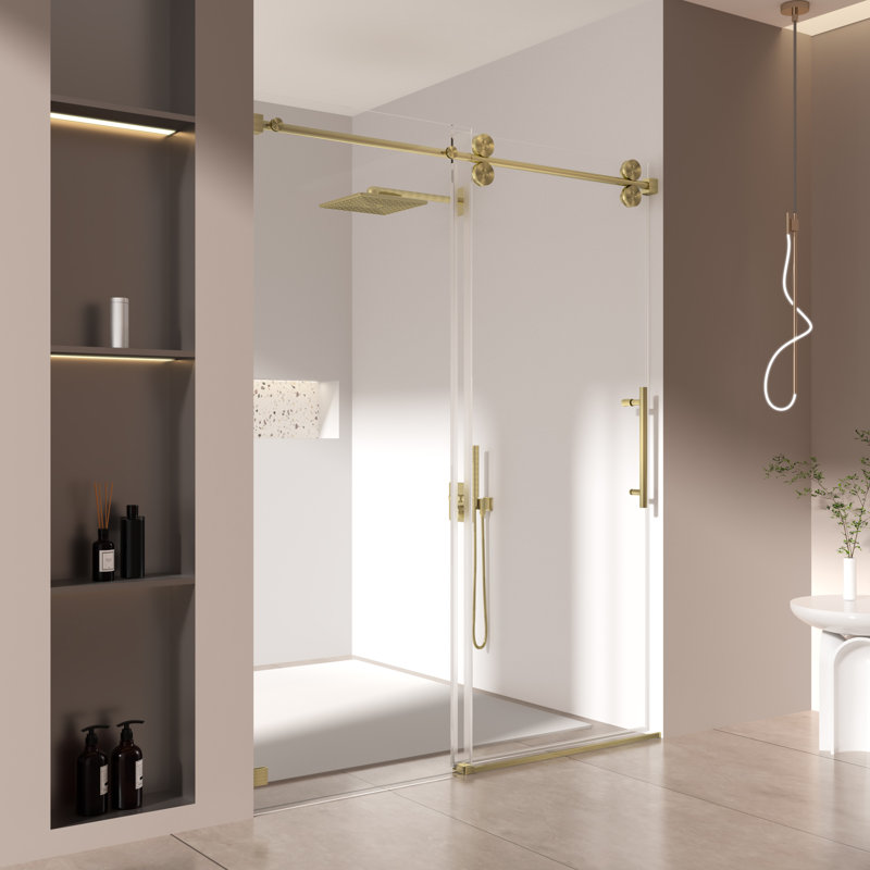 Porte de douche coulissante simple sans cadre de 56 po à l 76 po x H 76 po avec verre trempé amélioré de 3/8 po (10 mm), quincaillerie en acier inoxydable, or brossé