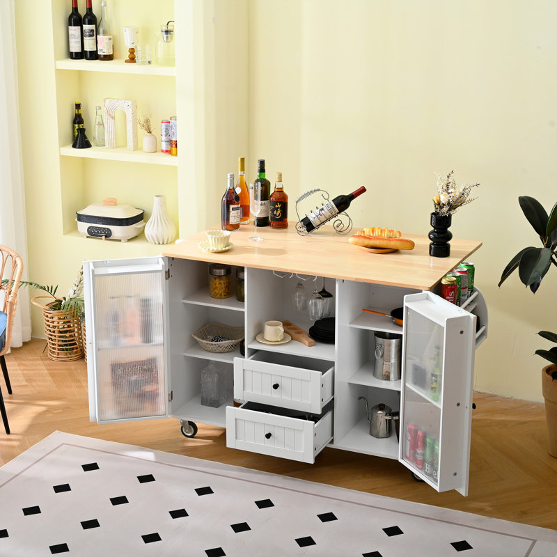 Chariot de cuisine roulant avec surface de travail rabattable, 2 tiroirs, compartiment de rangement pour porte, porte-serviettes, tablette à épices, blanc, bois d'hévéa, 34,89 po de hauteur, 145 lb de surface de rangement, armoire, cintre, 29,12 de largeur