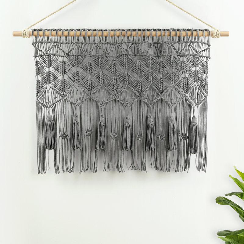 Boho Macrame Cotton Tailored Kitchen Curtain, Gray