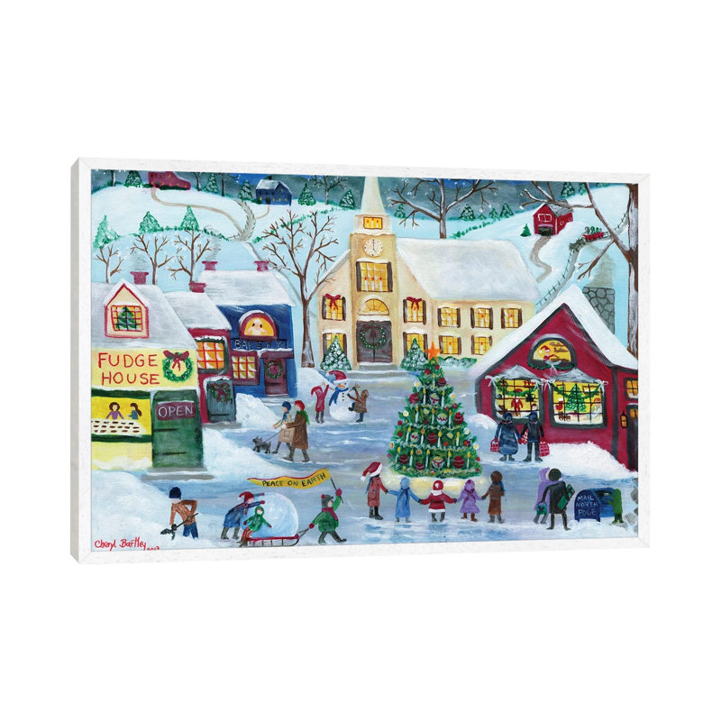 Christmas Holiday Shopping Village by Cheryl Bartley - Print on Canvas, White Framed, 101.6 cm H x 66.04 cm W
