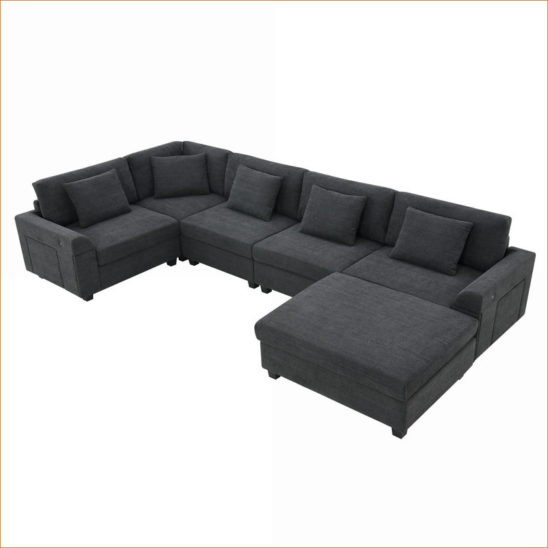 Canapés modulaires | Canapé 6 places en U avec repose-pieds, rangement caché, ports USB, pour le salon | Chenille | Noir