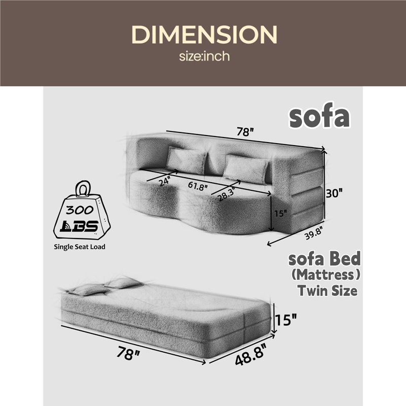 Canapé-lit moderne avec 2 coussins, canapé-lit en tissu convertible rembourré de mousse, matelas pliant simple de 15 po pour le salon, lit d'invité, salle de jeux, aucun assemblage requis