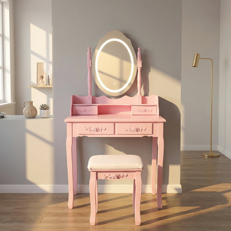 Princess Vanity Desk With Cushioned Stool & LED Mirror - For Bedroom Makeup Organization, Pink