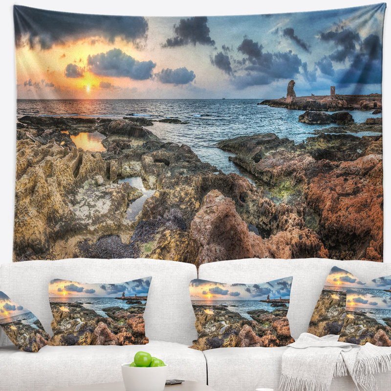 Tapisserie coucher de soleil bleu rocky shore, H 68 po x l 80 po