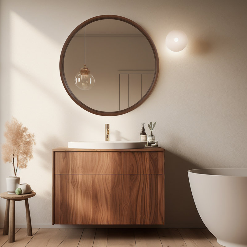 28" Walnut Round Mirror with Wood Frame