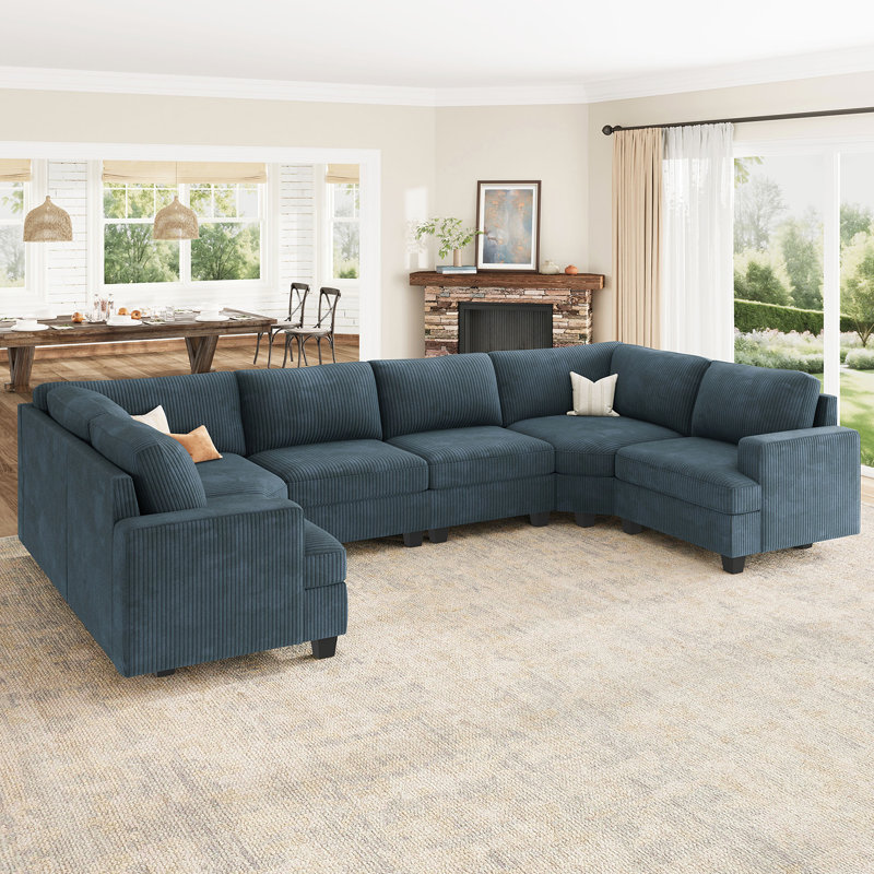 Anureet Modular U-Shaped Sectional, Blue Corduroy