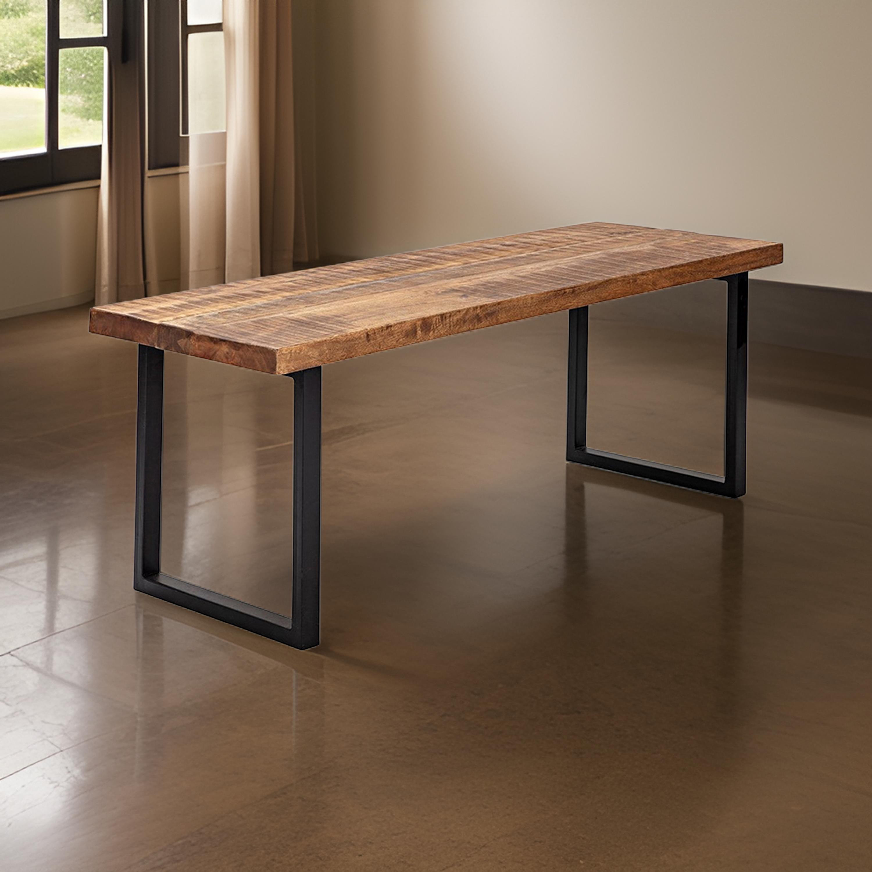 Loon Peak 52 Inch Side Dining Bench, Black Iron Base, Mango Wood ...