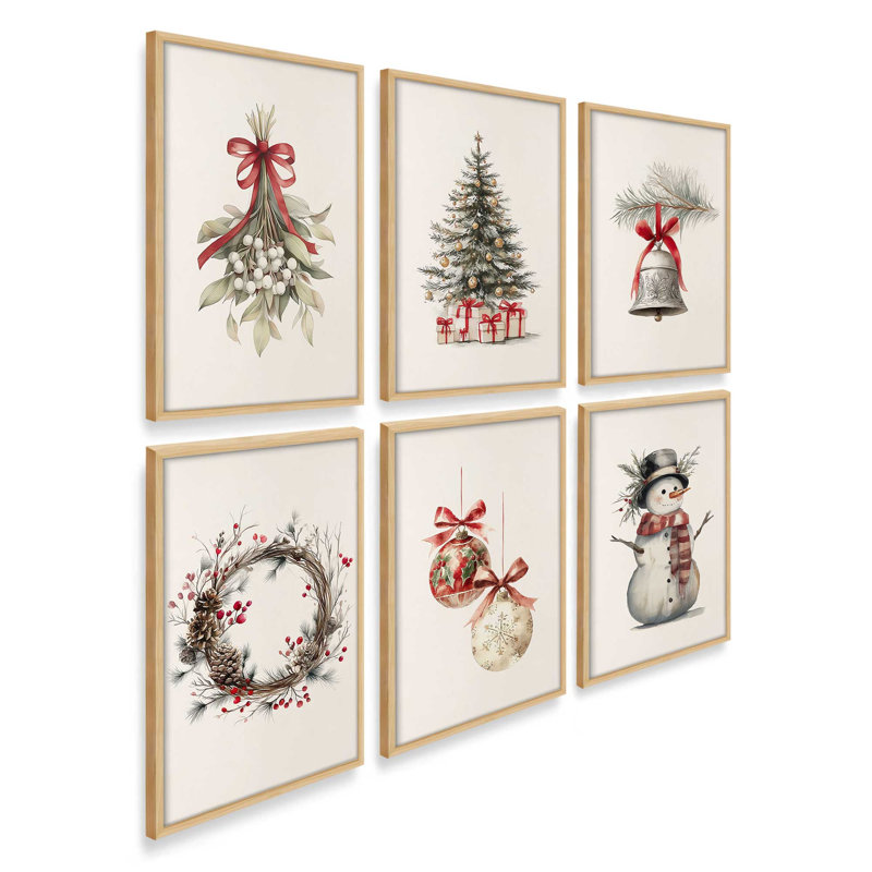 Ensemble de 6 estampes Yuletide Treasures, Érable américain, H 11,5 po x l 57 po