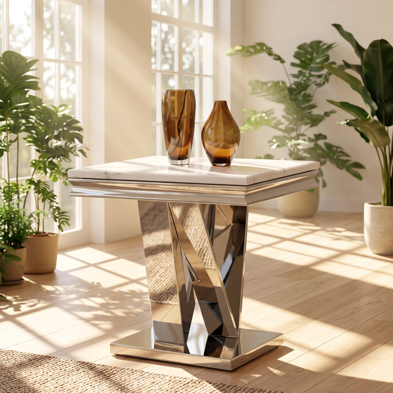 Table d'appoint Mobilya avec piédestal en V biseauté imitation marbre, 60 cm L x 60 cm P x 58 cm H
