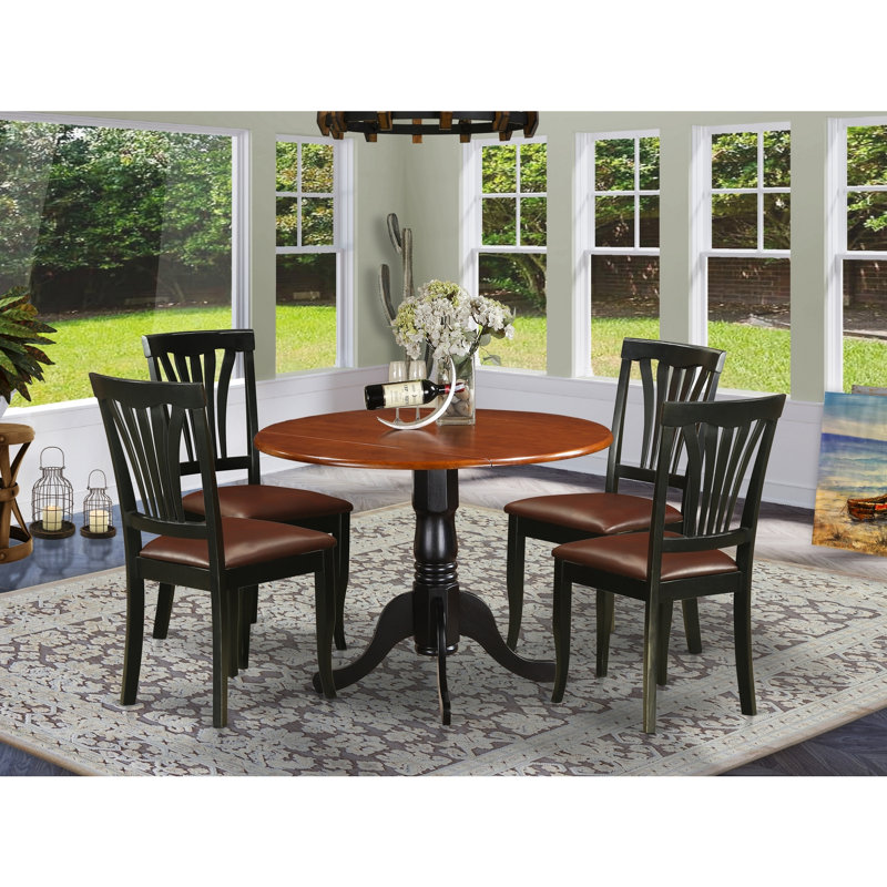 5 Piece Dinette Set for 4 Includes a Round Dining Room Table with Dropleaf and 4 Faux Leather Kitchen Dining Chairs, 42x42 Inch