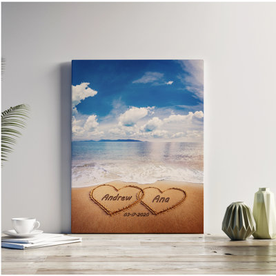 Personalized Beach Canvas Wall Art with Custom Names & Date – Heart in Sand Coastal Wall Décor, Romantic Anniversary or Wedding Gift
