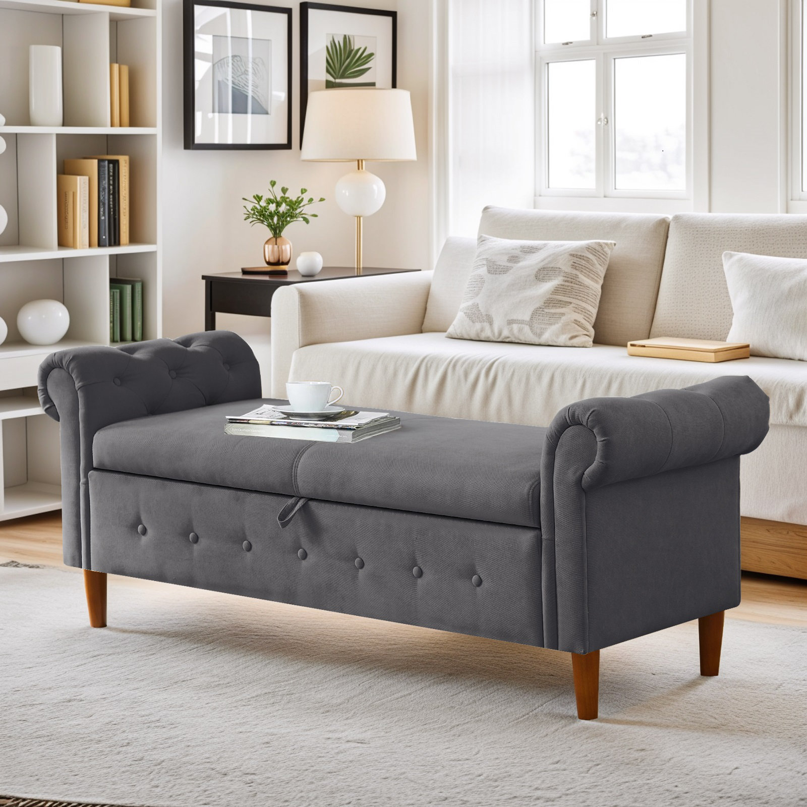 Living Room Storage Bench Seat Fabric Upholstered Storage Bench