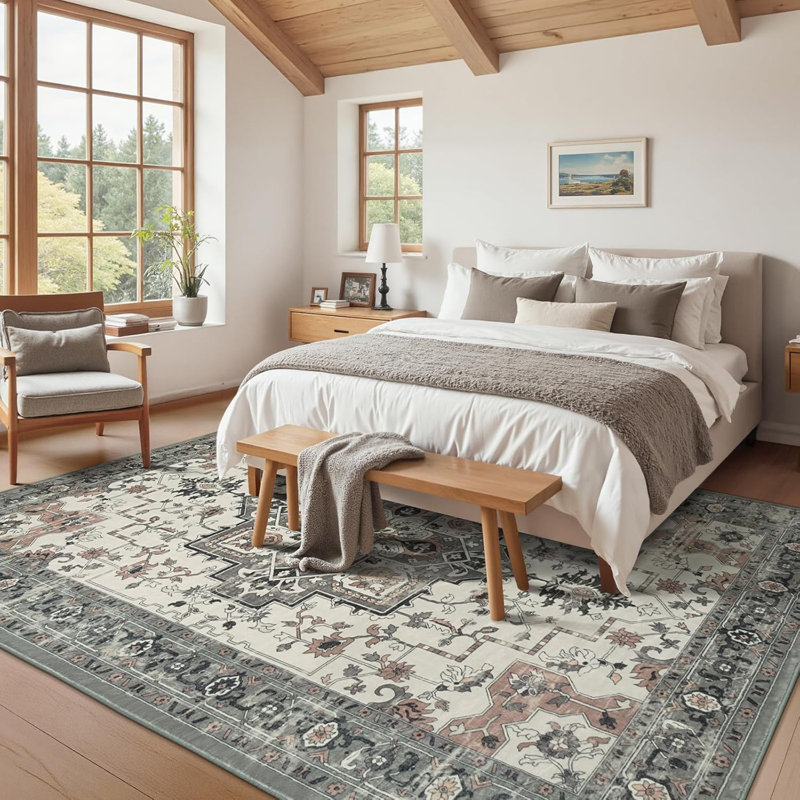 6'X9' Machine Washable Vintage Floral Aesthetic Area Rugs Non Slip Gray, Rectangle 6' x 9', Gray