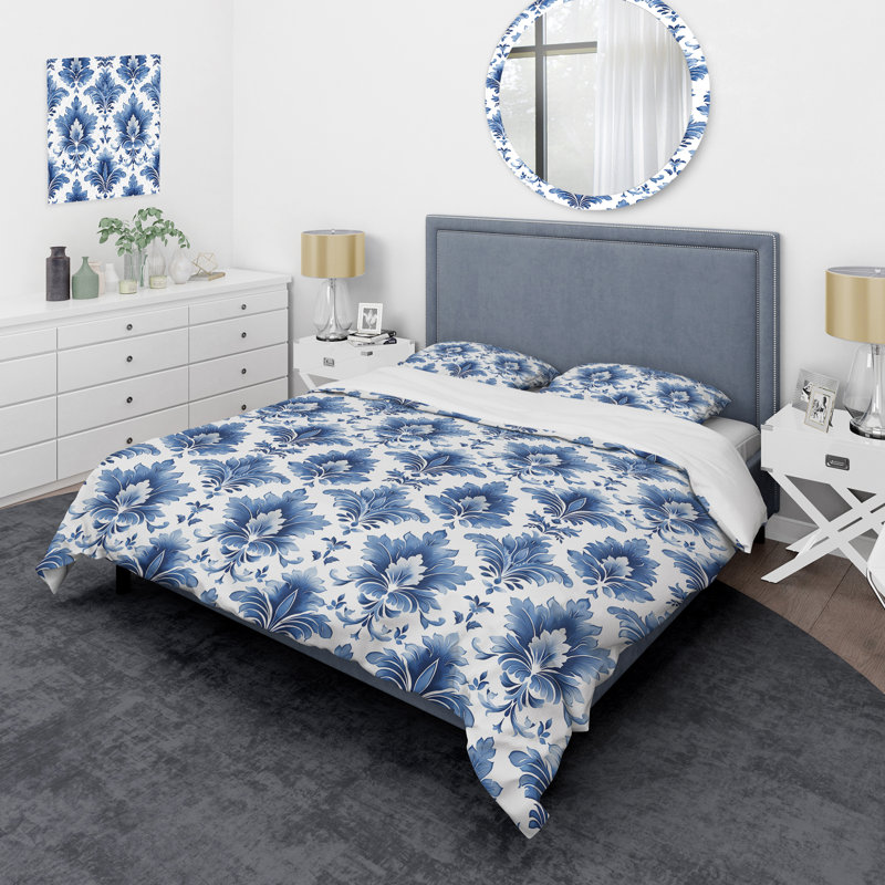 Ensemble de housse de couette transitionnel bleu et blanc intemporel damassé Glamour Art V