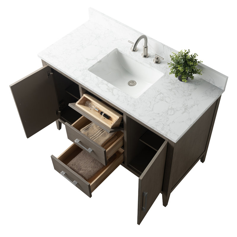 Meuble-lavabo simple 48 po avec plateau en marbre, Nickel brossé, Bois flottant gris