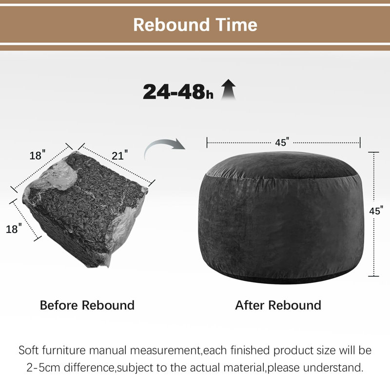 Memory Foam Filled Bean Bag Chair with Soft Removeable Cover, Black Velvet, 45" H x 45" W x 26" D