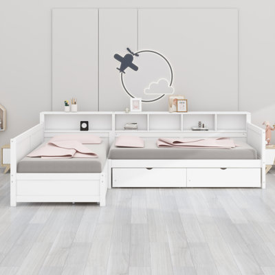 Corner L-Shaped Daybed Frame for Two, Storage Drawers & Shelves Included, Wood Bed for Bedroom Living Space
