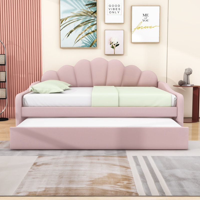 Lit de jour double en velours rembourré avec couchette, Rose