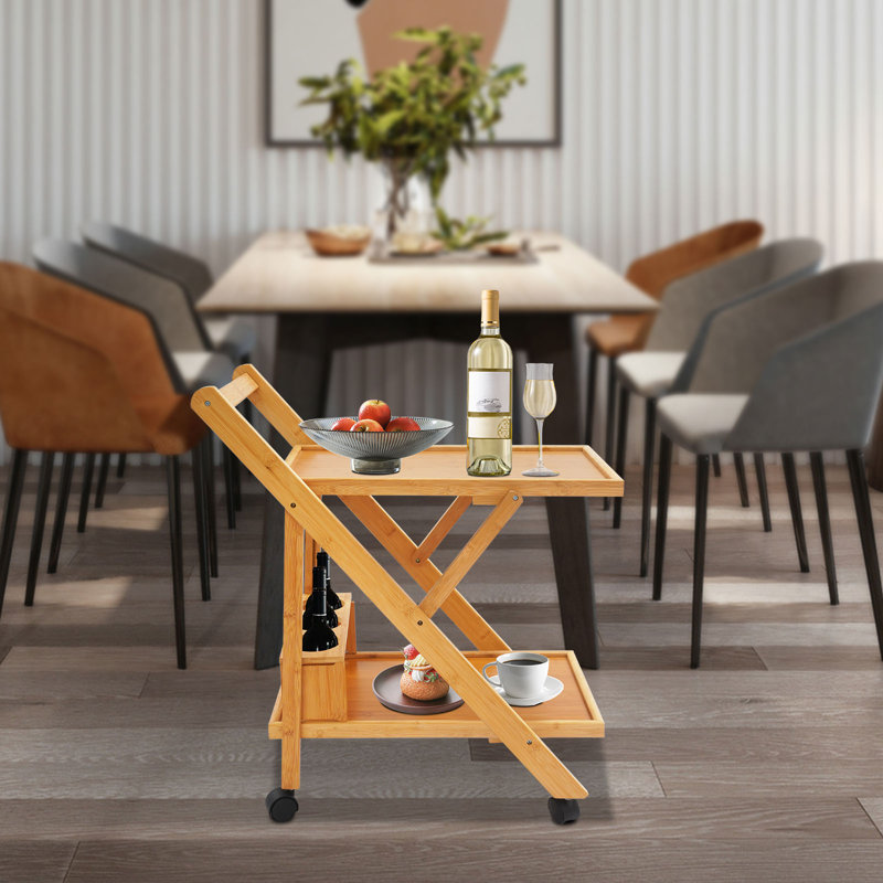 Modern Natural Wood 2-Tier Rolling Bar Cart with 3-Bottle Wine Rack, 17.30" W x 15.50" D x 27.56" H